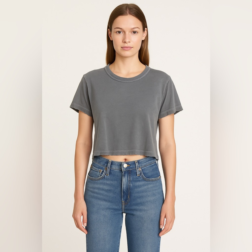 AMO Vintage Wash Distressed Cropped Tee Raw Hem Gray T-Shirt Medium